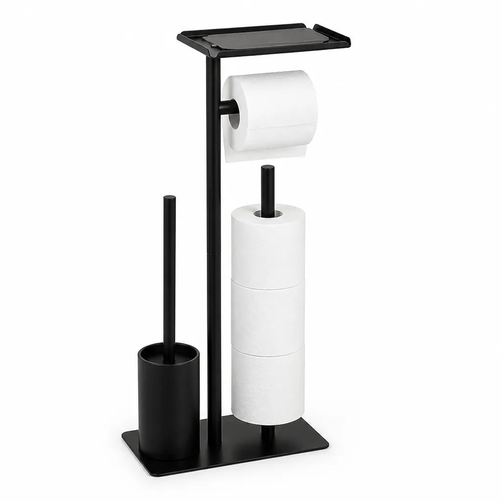 Porte-papier toilette en acier noir mat autoportant (avec brosse et étagère)
