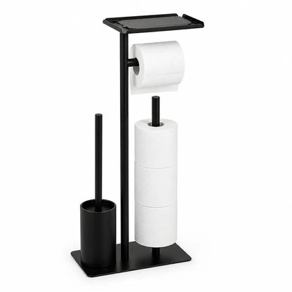 Porte-papier toilette en acier noir mat autoportant (avec brosse et étagère)