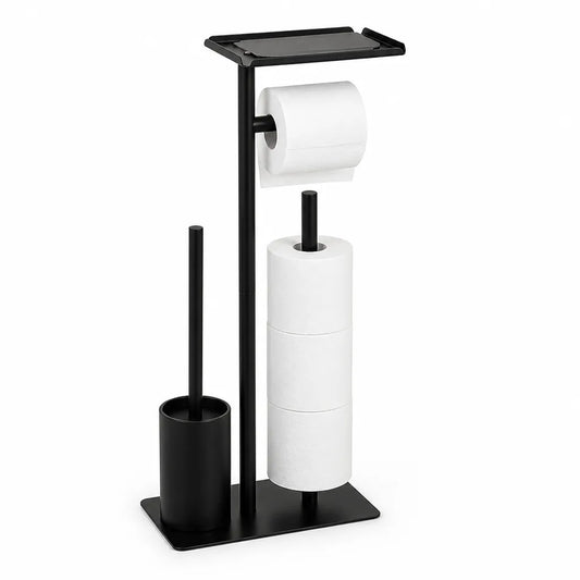 Porte-papier toilette en acier noir mat autoportant (avec brosse et étagère)