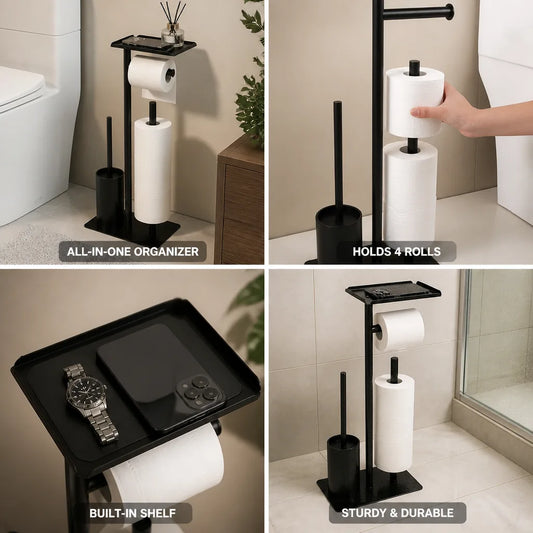 Porte-papier toilette en acier noir mat autoportant (avec brosse et étagère)
