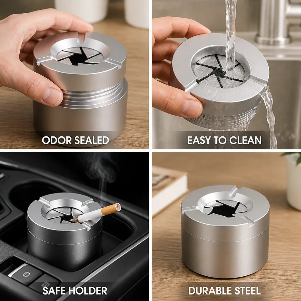 Cendrier en acier inoxydable avec joint anti-odeur (verrouillage rotatif à 360°)