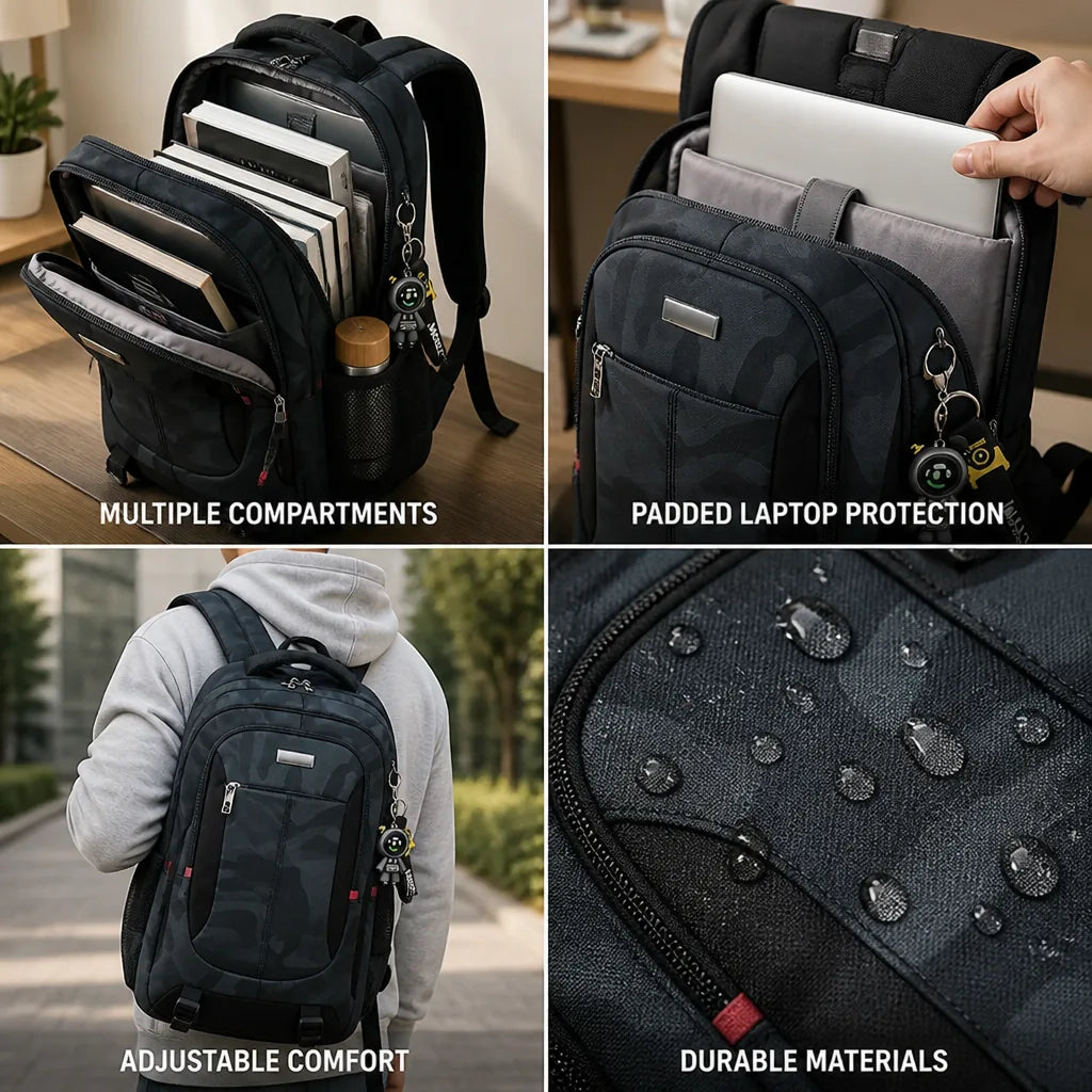 Sac à dos étudiant matelassé pour ordinateur portable, multi-compartiments et bretelles réglables
