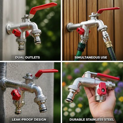 Diviseur de Tuyau de Jardin en Acier Inoxydable à Double Sortie (Leviers Indépendants)
