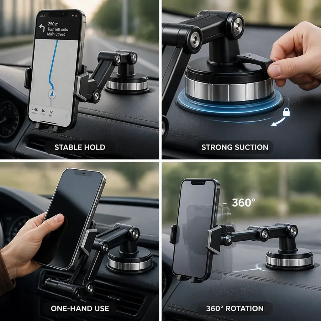 Support de téléphone de voiture à ventouse rotatif à 360° et utilisation à une main