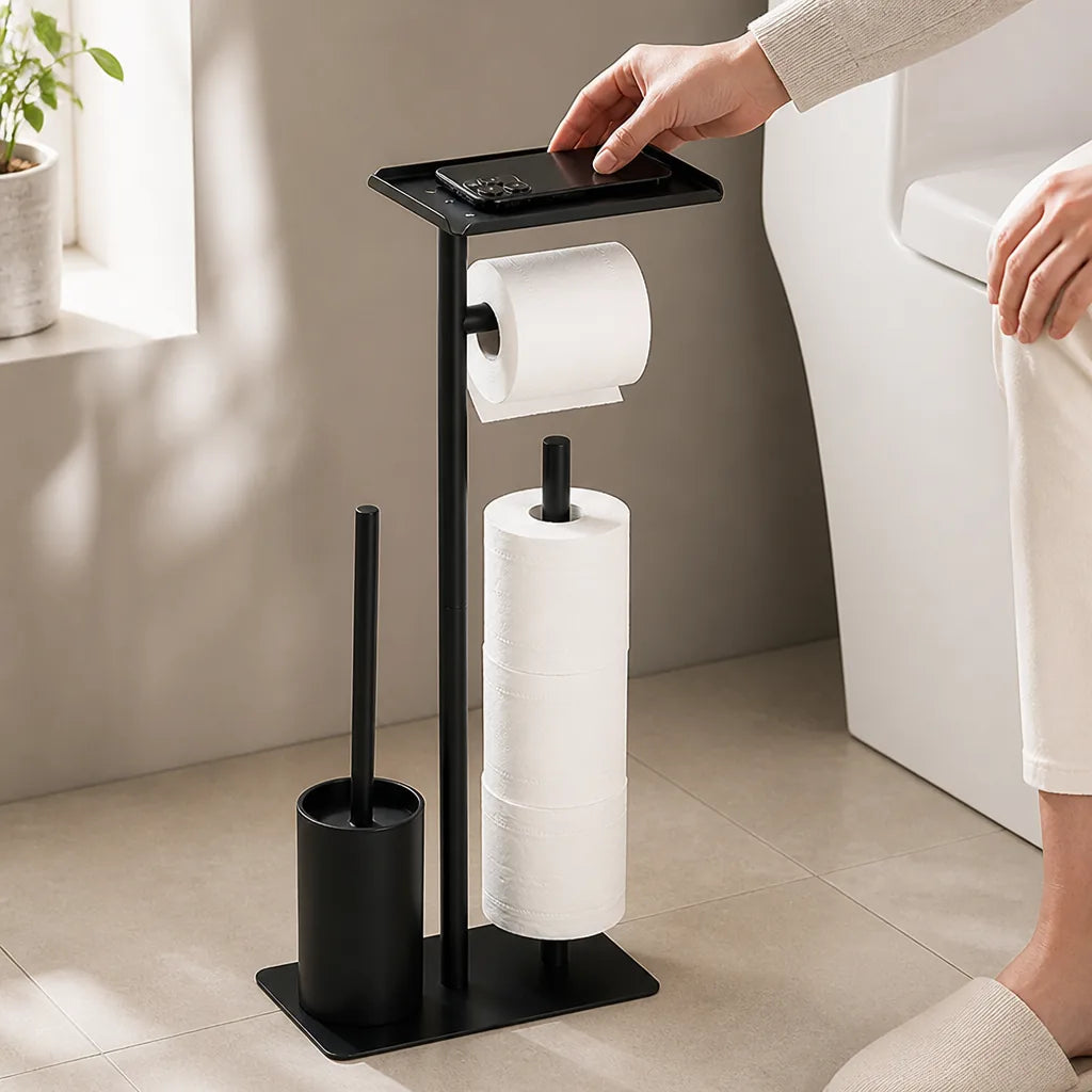 Porte-papier toilette en acier noir mat autoportant (avec brosse et étagère)