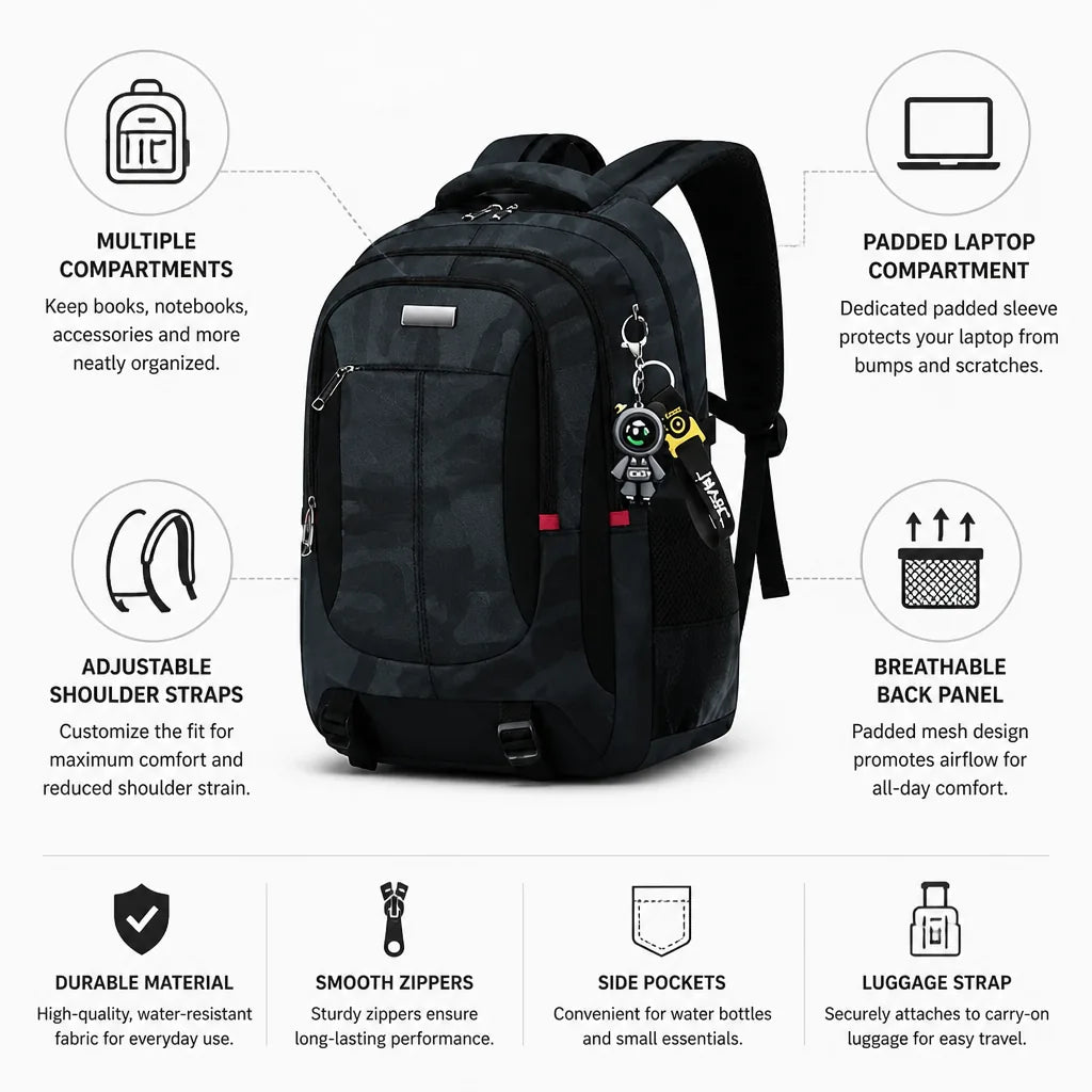 Sac à dos étudiant matelassé pour ordinateur portable, multi-compartiments et bretelles réglables