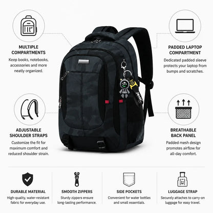 Sac à dos étudiant matelassé pour ordinateur portable, multi-compartiments et bretelles réglables