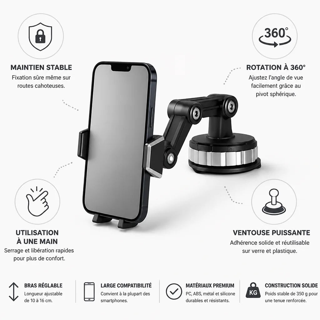 Support de téléphone de voiture à ventouse rotatif à 360° et utilisation à une main