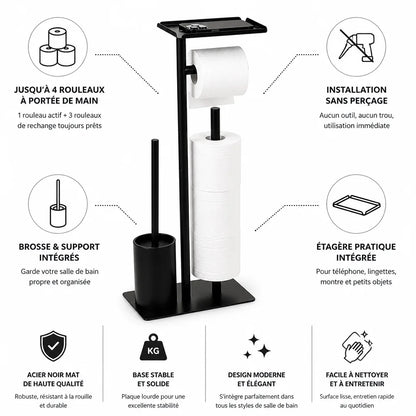 Porte-papier toilette en acier noir mat autoportant (avec brosse et étagère)