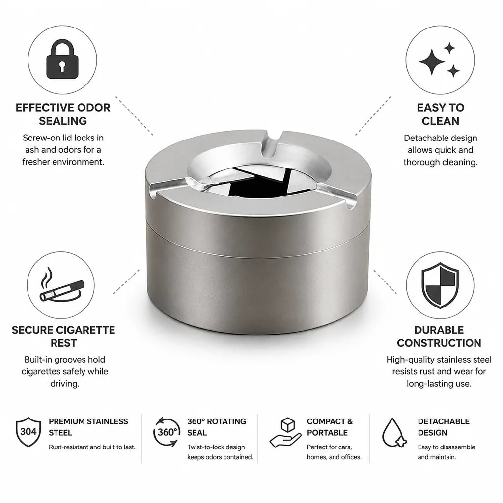 Cendrier en acier inoxydable avec joint anti-odeur (verrouillage rotatif à 360°)