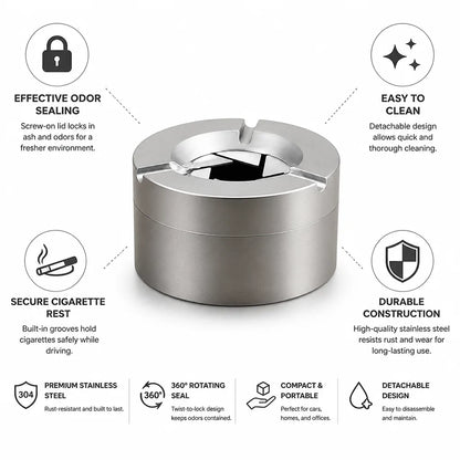 Cendrier en acier inoxydable avec joint anti-odeur (verrouillage rotatif à 360°)