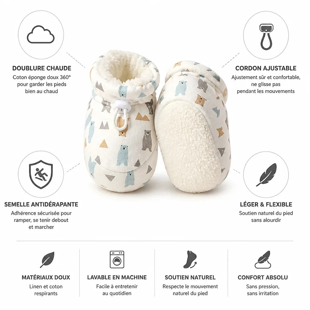 Chaussons Bébé Antidérapants Doublés Coton Chaud (Cordon Ajustable)