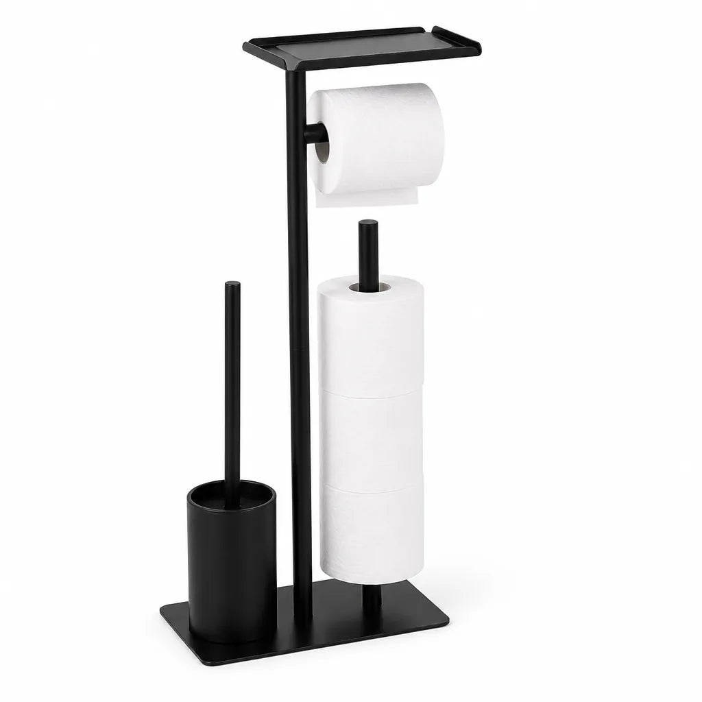 Porte-papier toilette en acier noir mat autoportant (avec brosse et étagère)