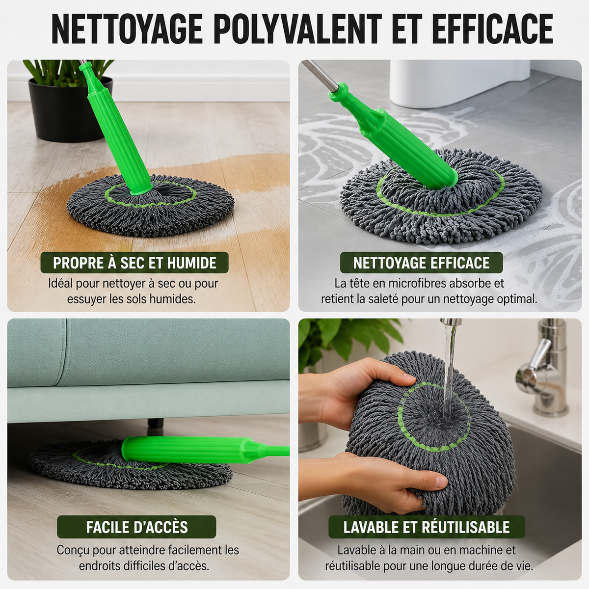 Balai microfibre 2-en-1 humide et sec pour sol