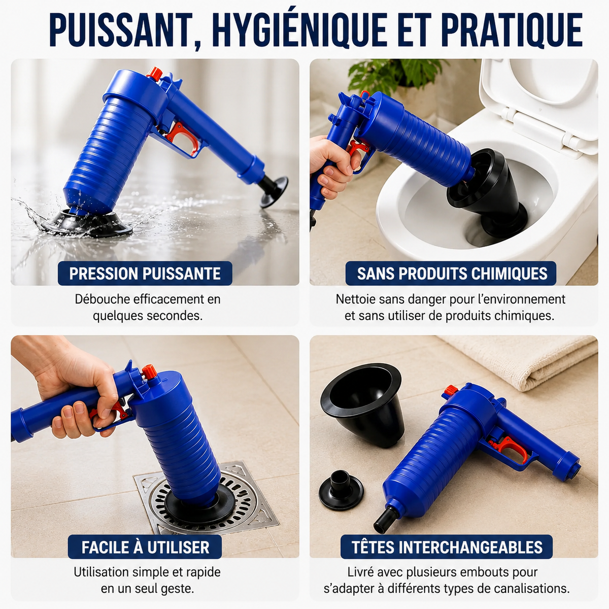 Ventouse à haute pression sans produits chimiques pour canalisations (accessoires interchangeables)